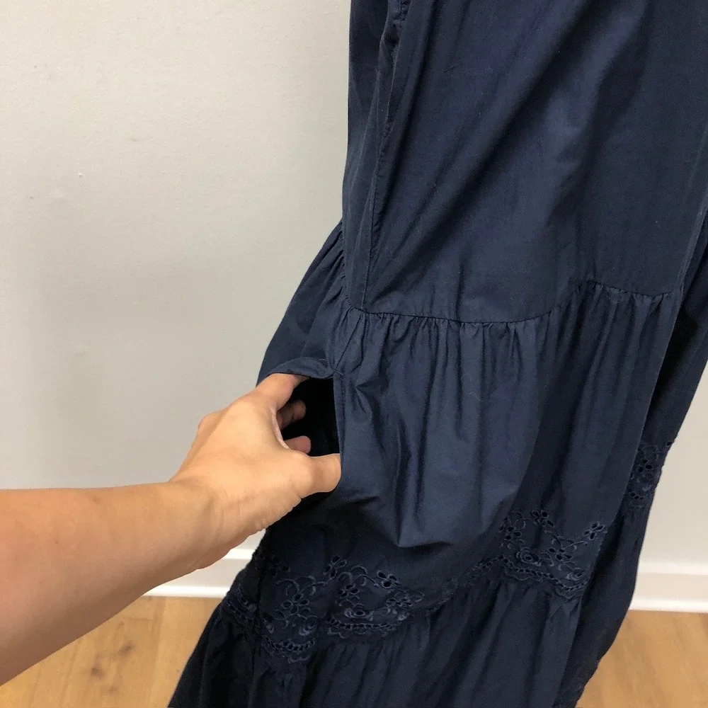 Treasure & Bond Dress Womens Medium Navy Blue Eyelet Tiered Midi V-Neck Boho